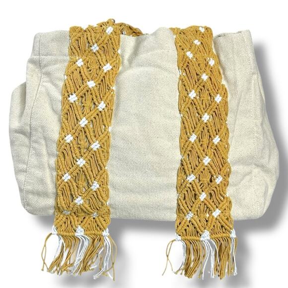 Free People Bohemian Retro 70s Mia Canvas Macrame Strap Tote Bag NWT XL Fringe - Picture 11 of 13